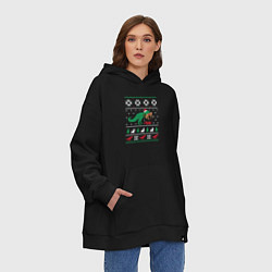 Толстовка-худи оверсайз Новогодний тирекс - ugly sweater, цвет: черный — фото 2