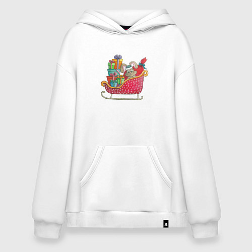 Худи оверсайз Заяц с рождественскими подарками в санях / Белый – фото 1
