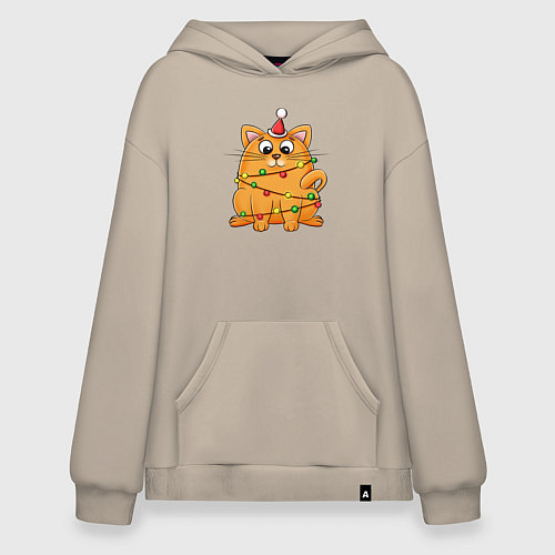 Худи оверсайз Рыжий Новогодний кот / Миндальный – фото 1