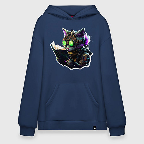 Худи оверсайз Киберпанк кот с книгой / Тёмно-синий – фото 1