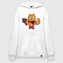 Толстовка-худи оверсайз Влюбленный рыжий кот с рыбным букетом, цвет: белый