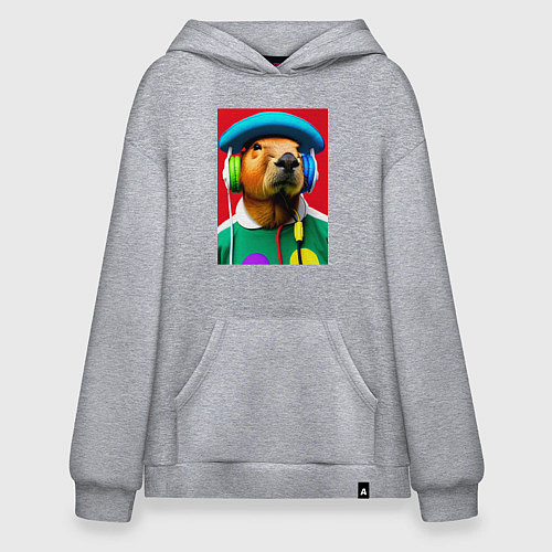 Худи оверсайз Капибара в наушниках и шляпе - нейросеть / Меланж – фото 1