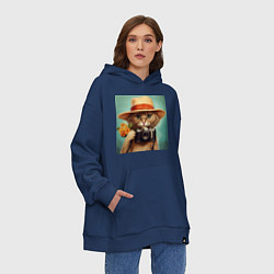 Толстовка-худи оверсайз Кот в соломенной шляпе с фотоаппаратом, цвет: тёмно-синий — фото 2
