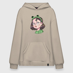 Толстовка-худи оверсайз Девочка лягушка, цвет: миндальный