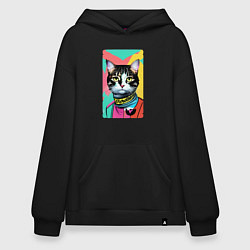 Толстовка-худи оверсайз Pop art cat - neural network, цвет: черный