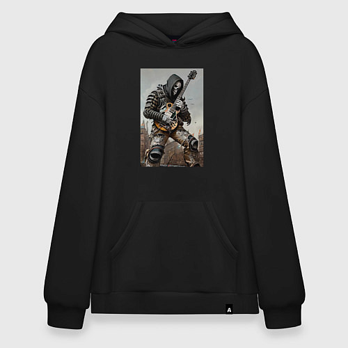 Худи оверсайз Уличный рок-гитарист - скелет - нейросеть / Черный – фото 1