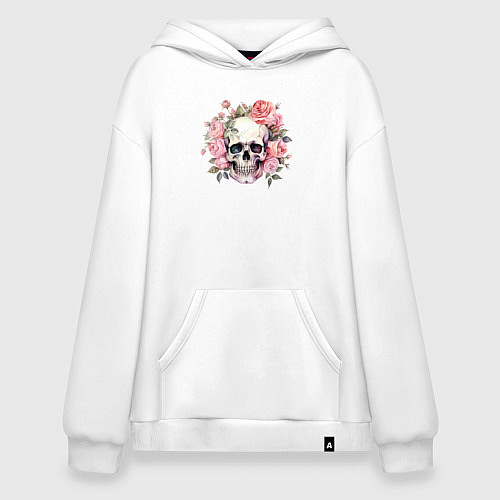 Худи оверсайз Череп в розовых розах / Белый – фото 1
