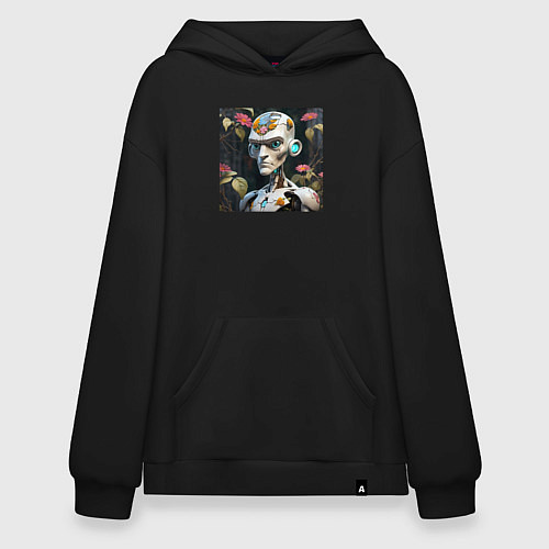 Худи оверсайз Киборг с растениями и цветами внутри / Черный – фото 1