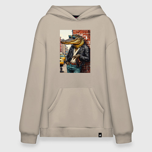 Худи оверсайз Крутой крокодил в Нью-Йорке - нейросеть / Миндальный – фото 1