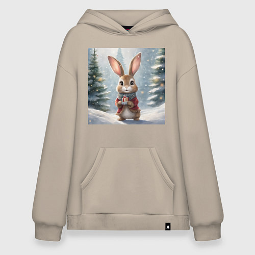 Худи оверсайз Новогодний зайчик с подарком в зимнем лесу / Миндальный – фото 1