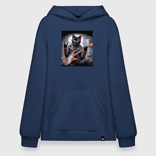 Худи оверсайз Чёрный котяра рок гитарист / Тёмно-синий – фото 1