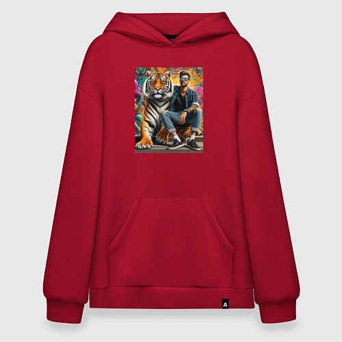 Худи оверсайз Чувак хипстер с тигром - нейросеть / Красный – фото 1