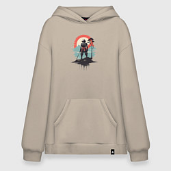Толстовка-худи оверсайз Силуэт самурая на закате, цвет: миндальный