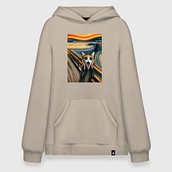 Толстовка-худи оверсайз Кошка кричит - мем нейросеть, цвет: миндальный