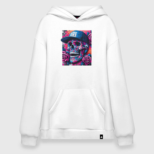 Худи оверсайз Череп в бейсболке - граффити / Белый – фото 1