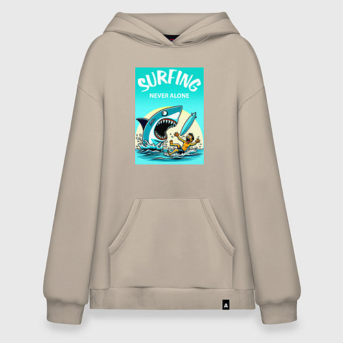 Худи оверсайз Surfing never alone - shark and surfer / Миндальный – фото 1