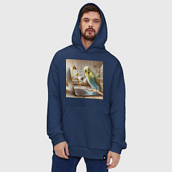 Толстовка-худи оверсайз Волнистый попугай с ноутбуком, цвет: тёмно-синий — фото 2