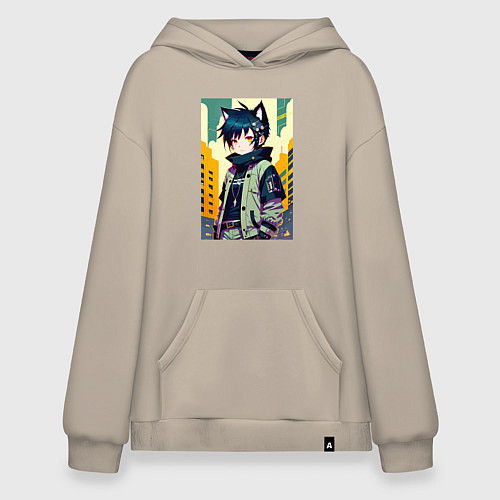 Худи оверсайз Девочка котёнок - нейросеть / Миндальный – фото 1