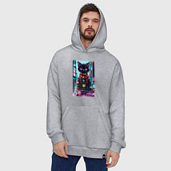Толстовка-худи оверсайз Котёнок в мегаполисе - киберпанк, цвет: меланж — фото 2