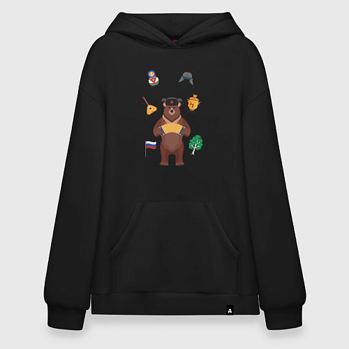 Худи оверсайз Медведь с балалайкой в ушанке и матрёшка / Черный – фото 1