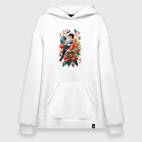 Худи оверсайз Снегирь на ветке с рябиной / Белый – фото 1