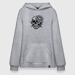 Толстовка-худи оверсайз Череп с цветком - графика, цвет: меланж