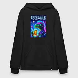 Толстовка-худи оверсайз Пивозавр панк - неоновое свечение, цвет: черный