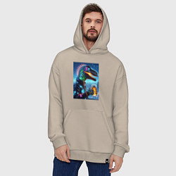Толстовка-худи оверсайз Крутой неоновый пивозавр в мегаполисе - киберпанк, цвет: миндальный — фото 2