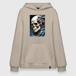 Толстовка-худи оверсайз Кибер череп - нейроарт фантазия, цвет: миндальный