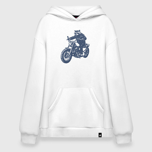 Худи оверсайз Енот байкер на мотоцикле на чоппере / Белый – фото 1