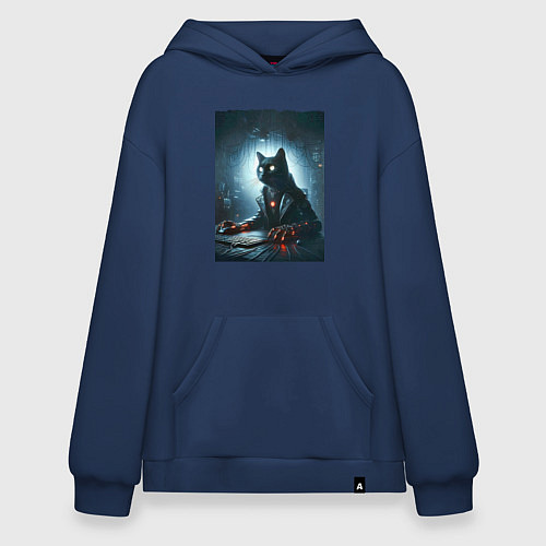 Худи оверсайз Кибер кот за компьютером - неоновое свечение / Тёмно-синий – фото 1