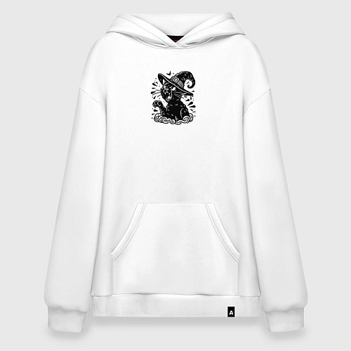 Худи оверсайз Черный кот в шляпе ведьмы тату / Белый – фото 1