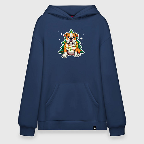 Худи оверсайз Новогодний бульдог запутался в гирлянде / Тёмно-синий – фото 1
