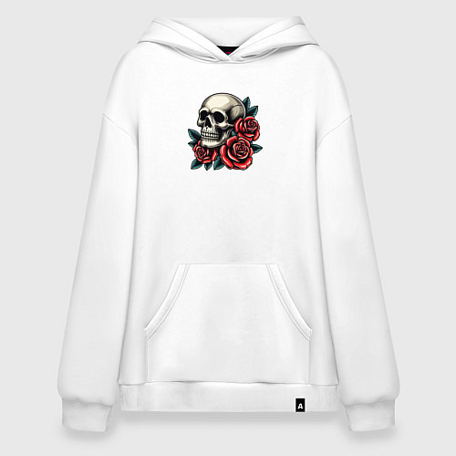 Худи оверсайз Череп с красными розами и листьями / Белый – фото 1
