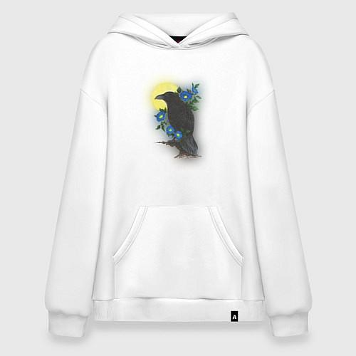 Худи оверсайз Чёрный ворон на ветке под луной среди синих цветов / Белый – фото 1
