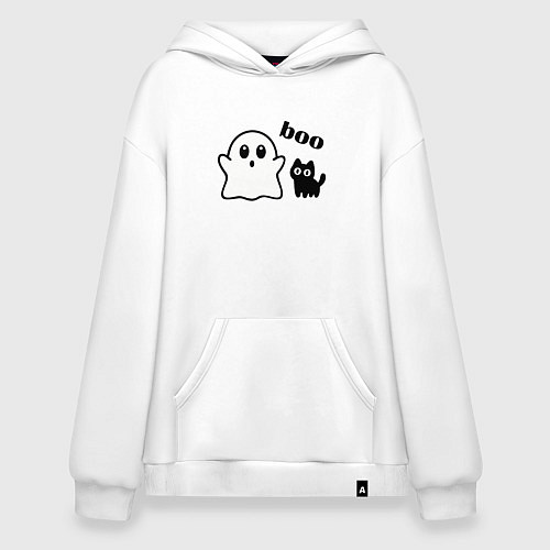Худи оверсайз Хэллоуин, привидение и черный кот / Белый – фото 1