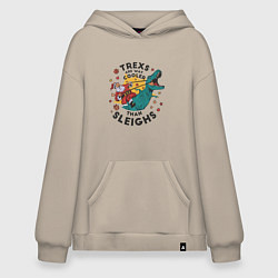 Толстовка-худи оверсайз Санта на динозавре, цвет: миндальный