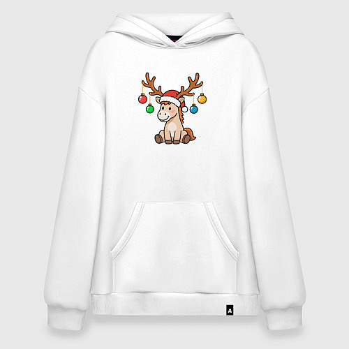Худи оверсайз Лошадь в шапке Санта-Клауса и рогами оленя / Белый – фото 1