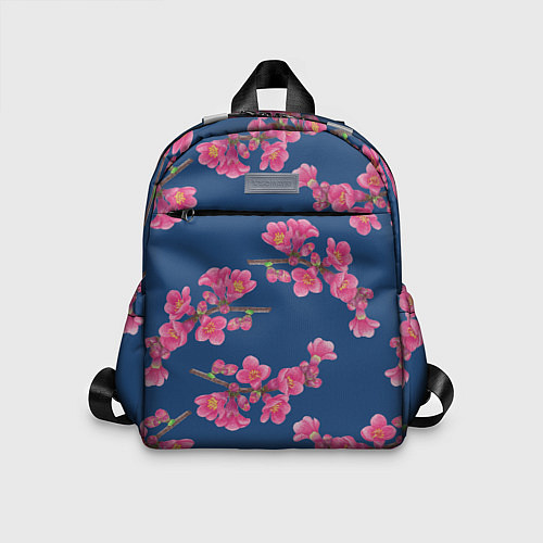Детский рюкзак Веточки айвы с розовыми цветами на синем фоне / 3D-принт – фото 1