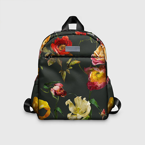 Детский рюкзак Цветы Нарисованные Красные Розы и Лилии На Коричне / 3D-принт – фото 1