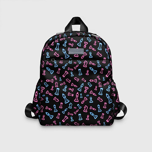 Детский рюкзак Неоновые розовые и голубые шахматные фигуры на чер / 3D-принт – фото 1