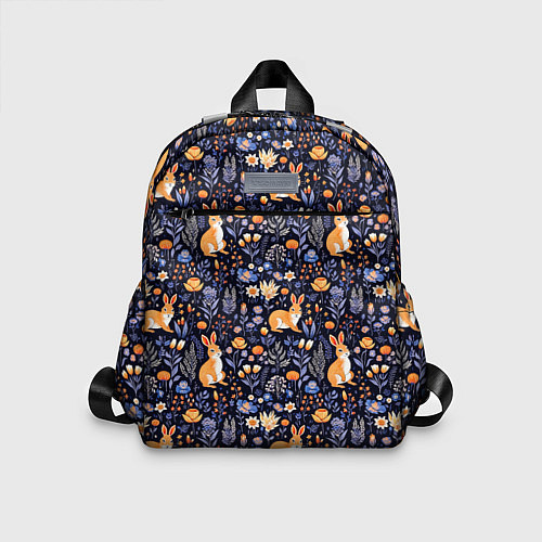 Детский рюкзак Оранжевые зайчики в траве на синем фоне / 3D-принт – фото 1