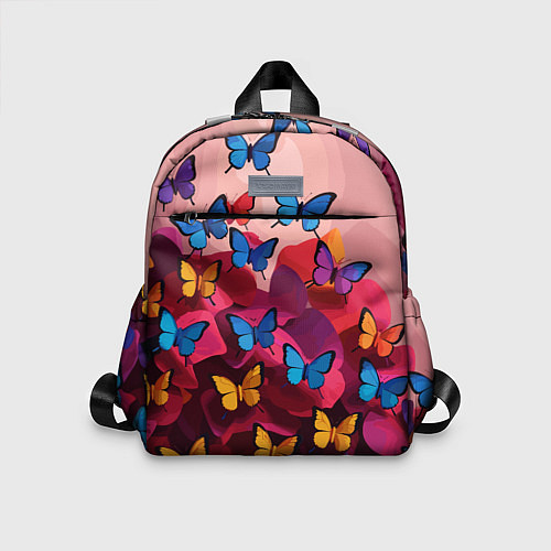 Детский рюкзак Разноцветные бабочки - розовые цветы / 3D-принт – фото 1