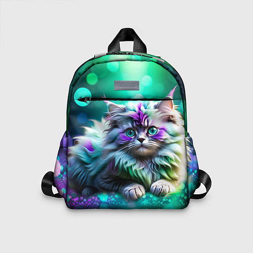 Детский рюкзак Пушистый котенок в бирюзово фиолетовом боке / 3D-принт – фото 1