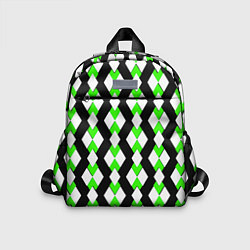 Детский рюкзак Зелёные и белые ромбы на чёрном фоне, цвет: 3D-принт