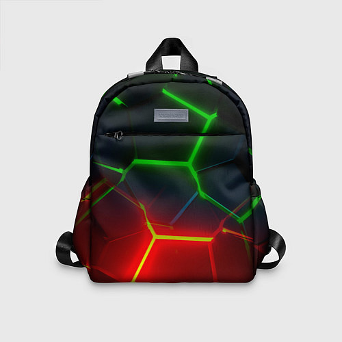 Детский рюкзак Зеленые и красные неоновые плиты в разломе / 3D-принт – фото 1