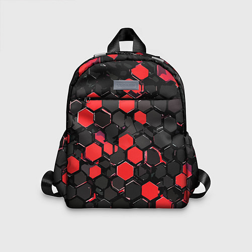 Детский рюкзак Красно-серые шестиугольники на чёрном фоне / 3D-принт – фото 1