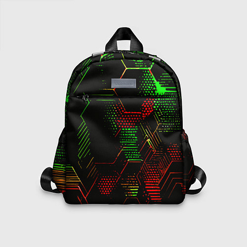 Детский рюкзак Красно-зелёные точки и линии на чёрном фоне / 3D-принт – фото 1