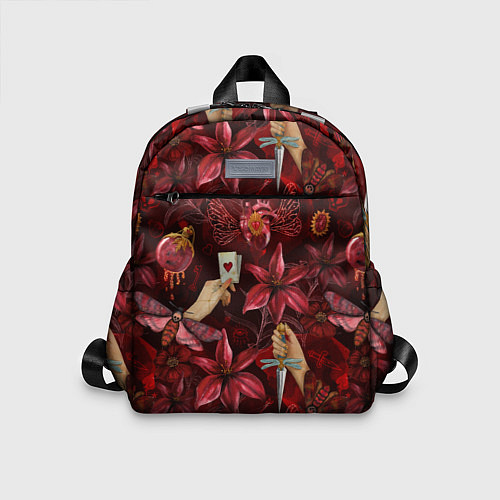 Детский рюкзак Бордовая готика с сердцем, лилиями и мотыльками / 3D-принт – фото 1