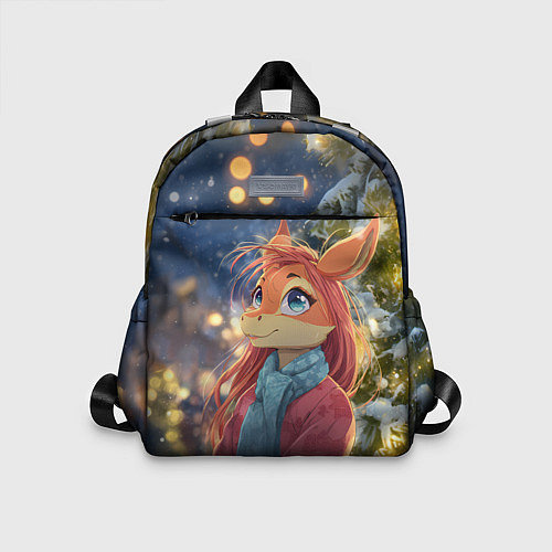 Детский рюкзак Рыжая лошадка на фоне Нового года / 3D-принт – фото 1